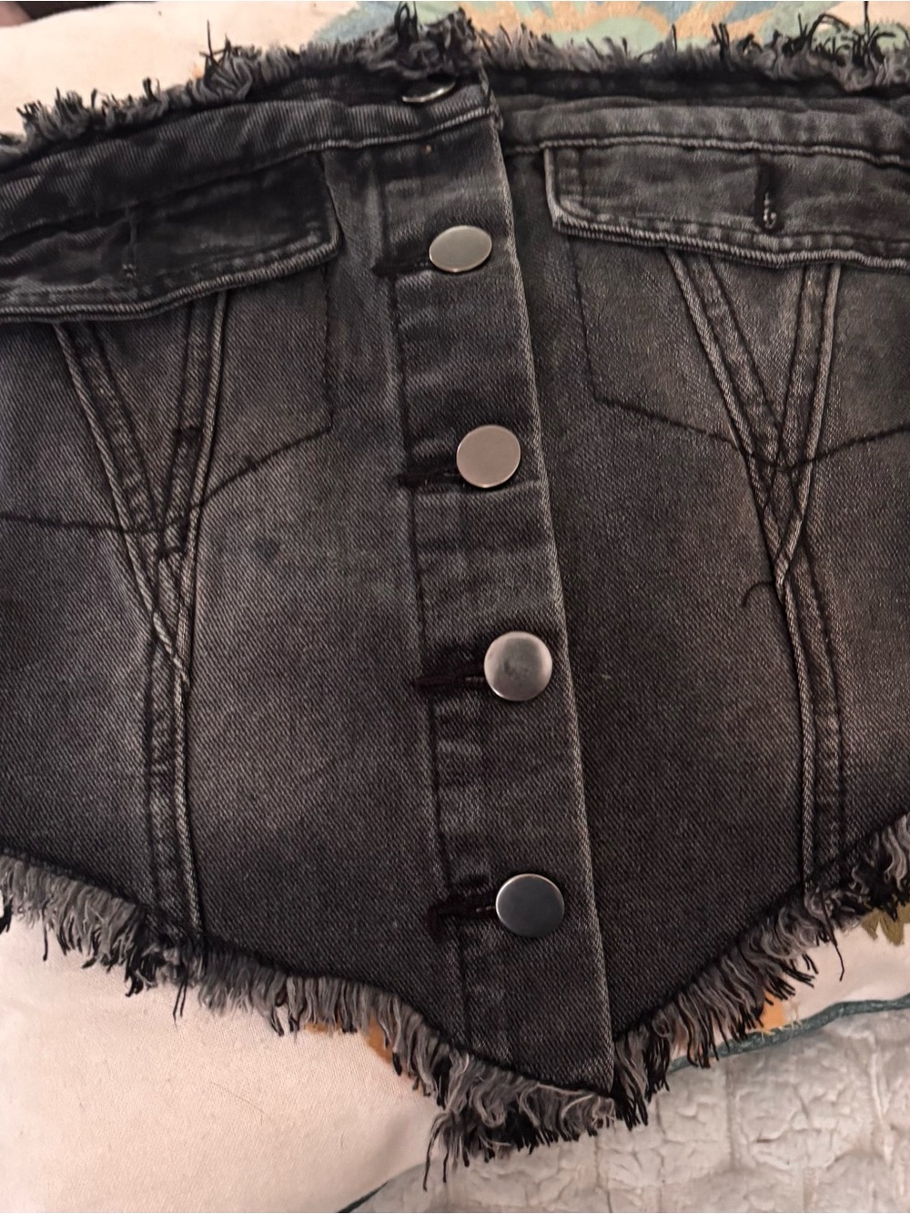 Black Distressed Denim Button-Front Corset Top